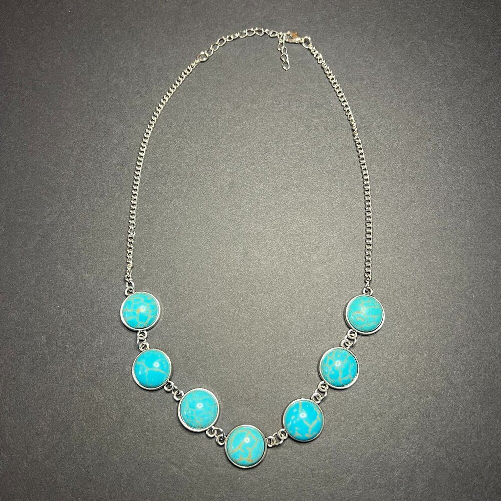 Paparazzi Adobe Attitude Blue Turquoise Round Crackle Silver Tone 20" Necklace